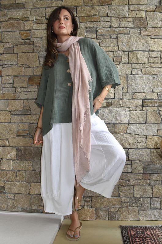 Andi Basket Linen Blend Top Khaki
